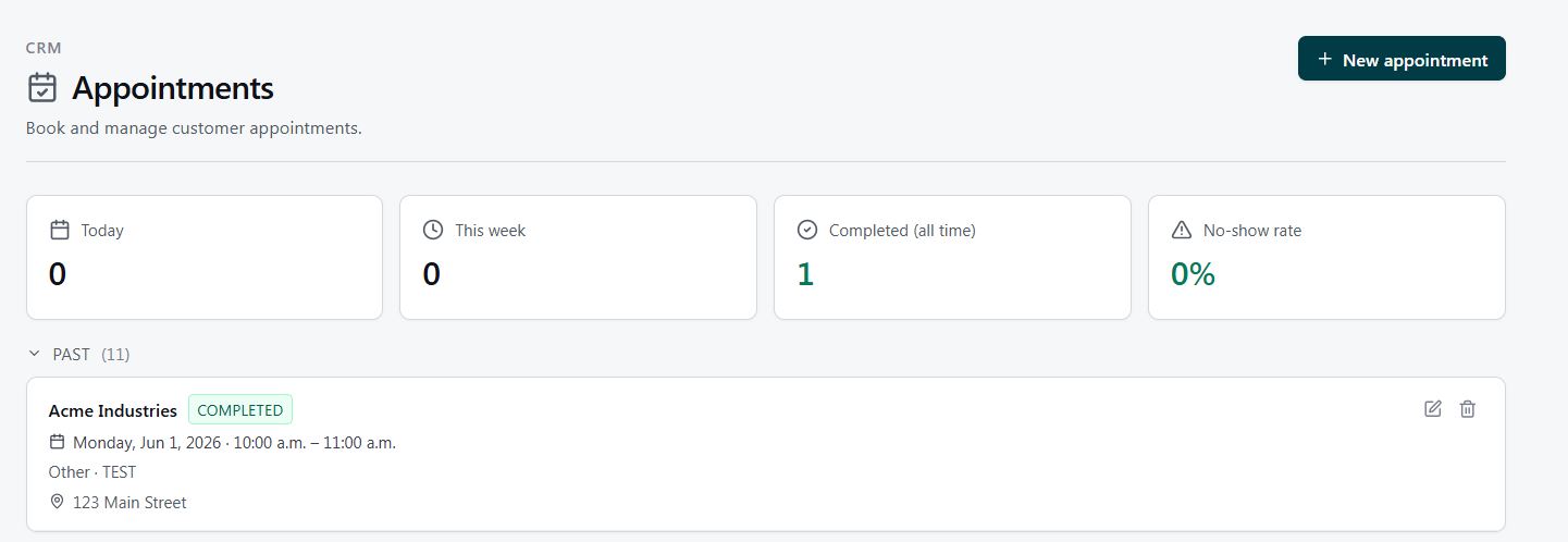 Covered appointments page with appointment status summaries and a completed customer appointment
