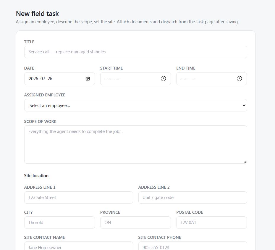 Covered field task form with title, date, assigned employee, scope of work, and site details