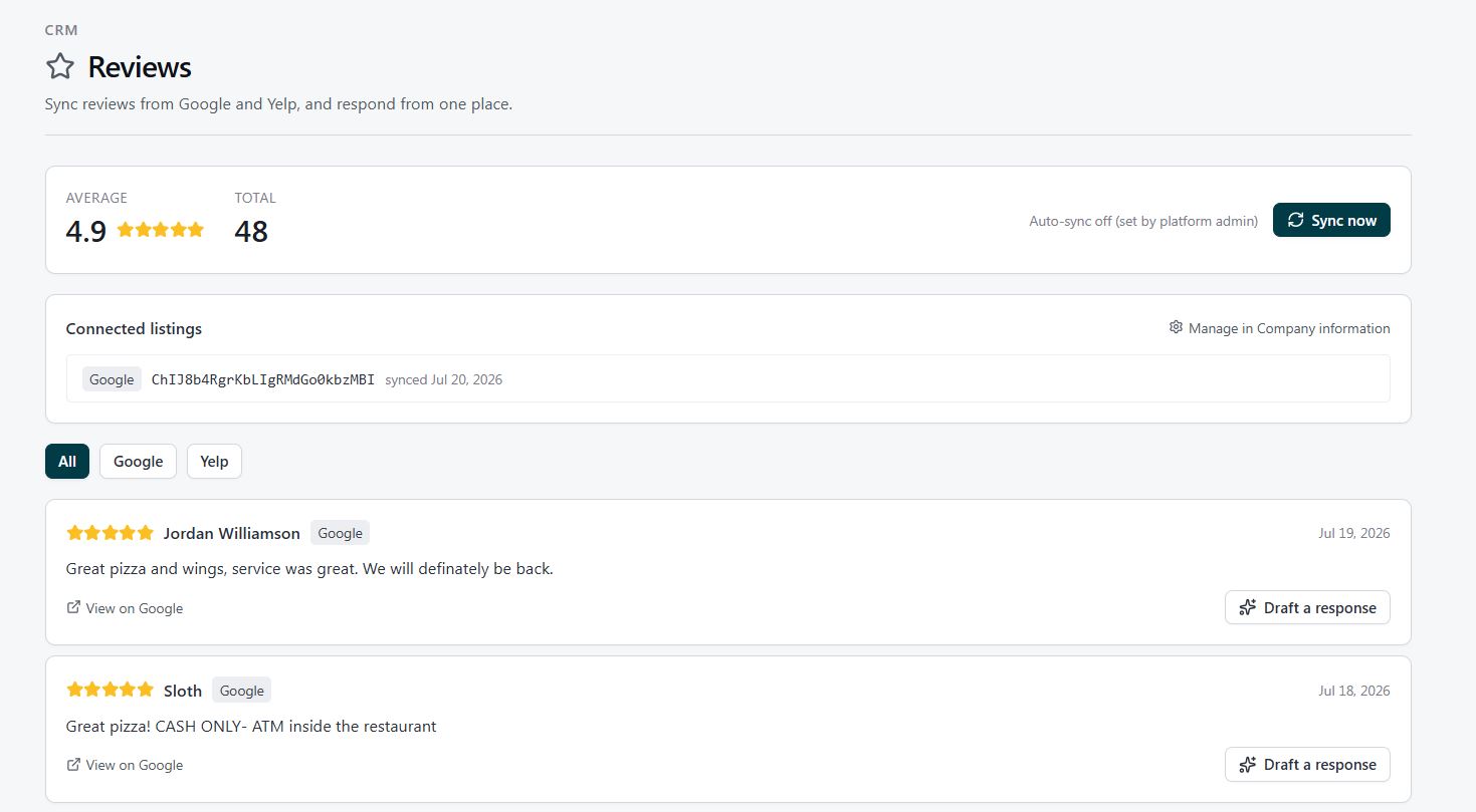 Covered reviews page with connected review sources, average rating, and response actions