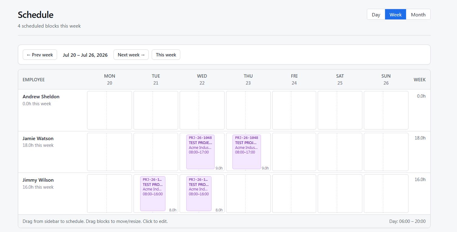 Covered weekly crew schedule showing assigned jobs across employee rows
