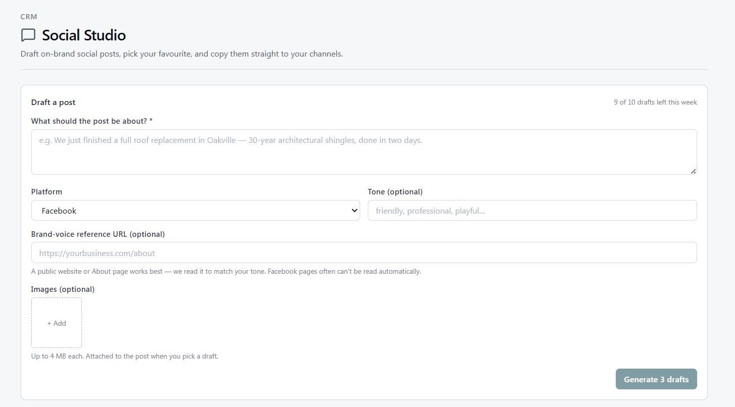 Covered Social Studio form for drafting a branded social post with platform, tone, link, and image options