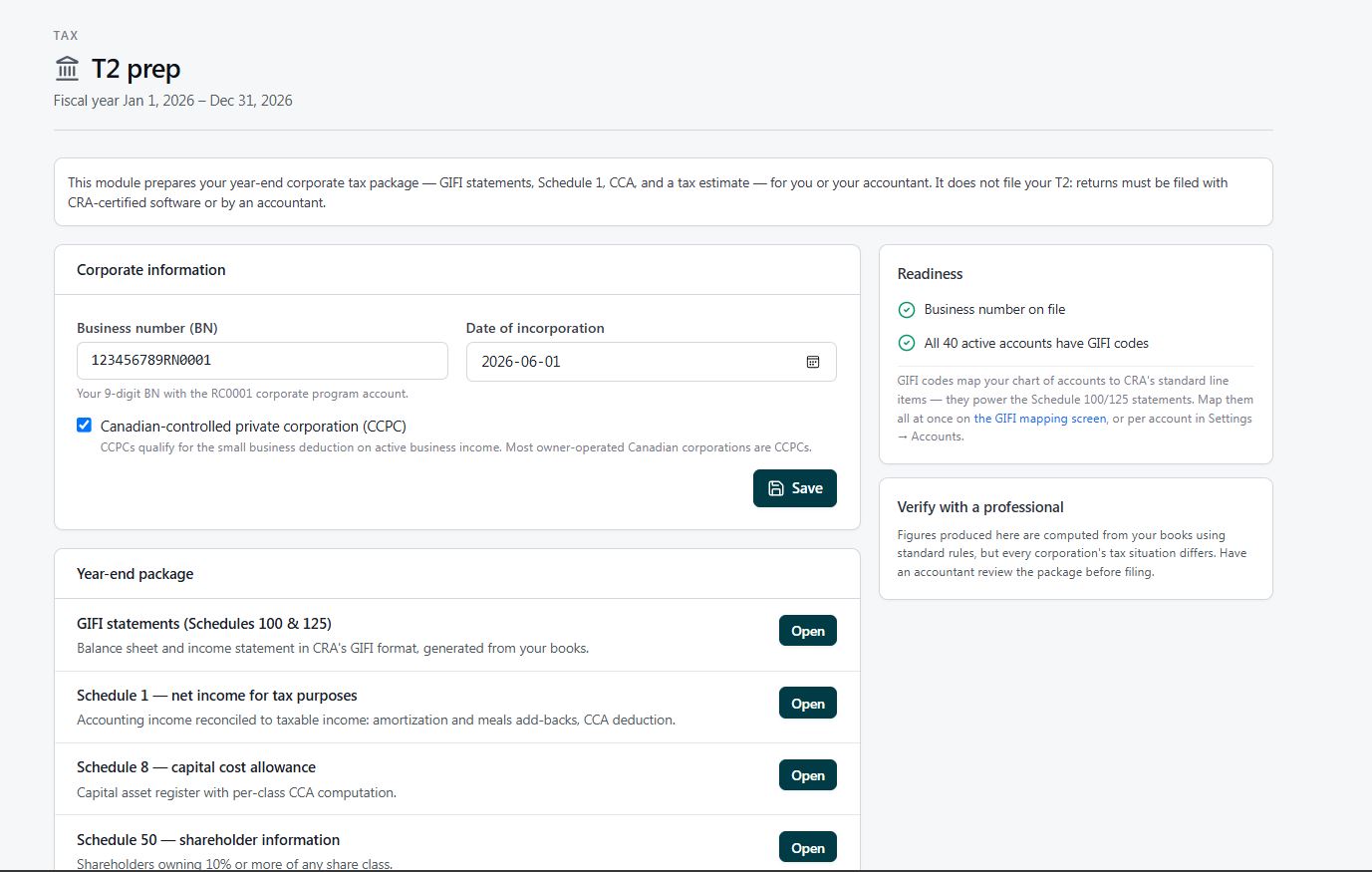 Covered T2 preparation page showing corporation information, readiness checks, and year-end schedules